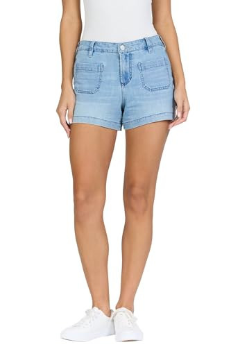 DEAR JOHN Carlisle Women's High Rise Patch Pocket Denim Shorts Clean Hem Stretch Denim Shorts - Eclipse - Size 27 | Amazon (US)