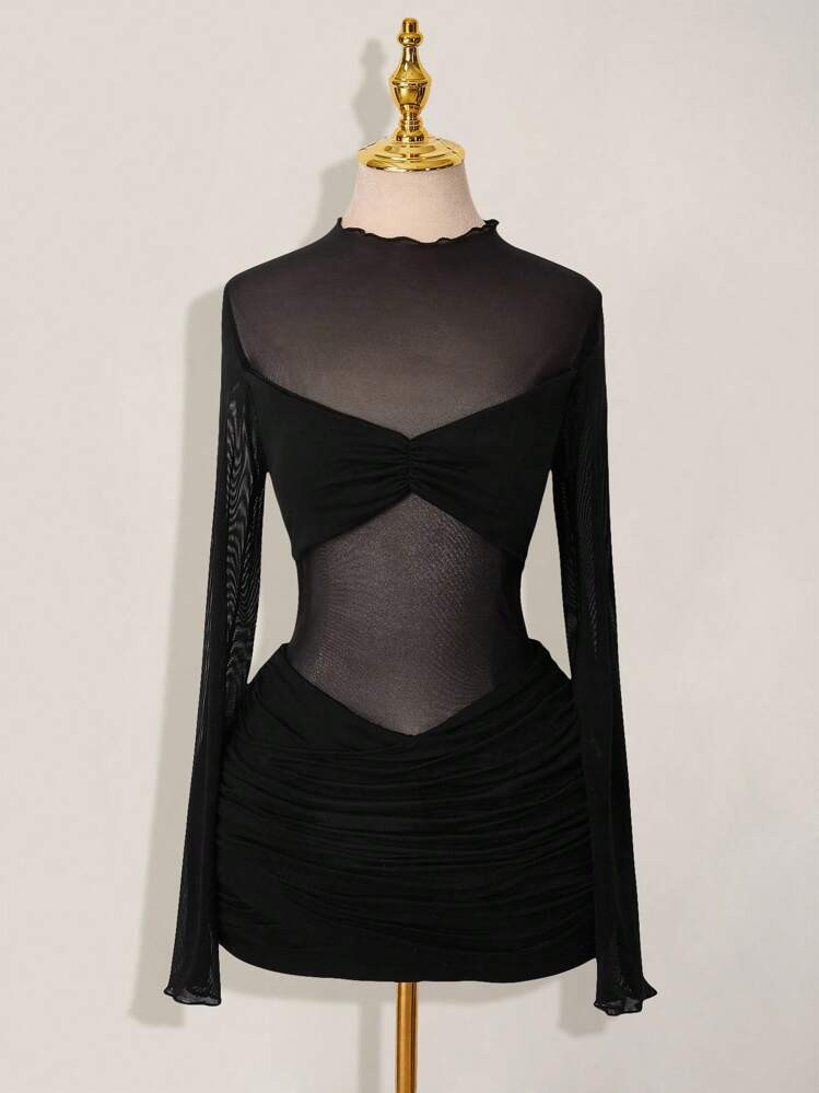 SHEIN ICON Mesh Patchwork Sheer Ruched Long Sleeve Mini Dress Black Sheer Dress | SHEIN