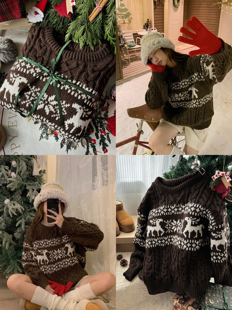 Brown Deer Pattern Sweater | SHEIN