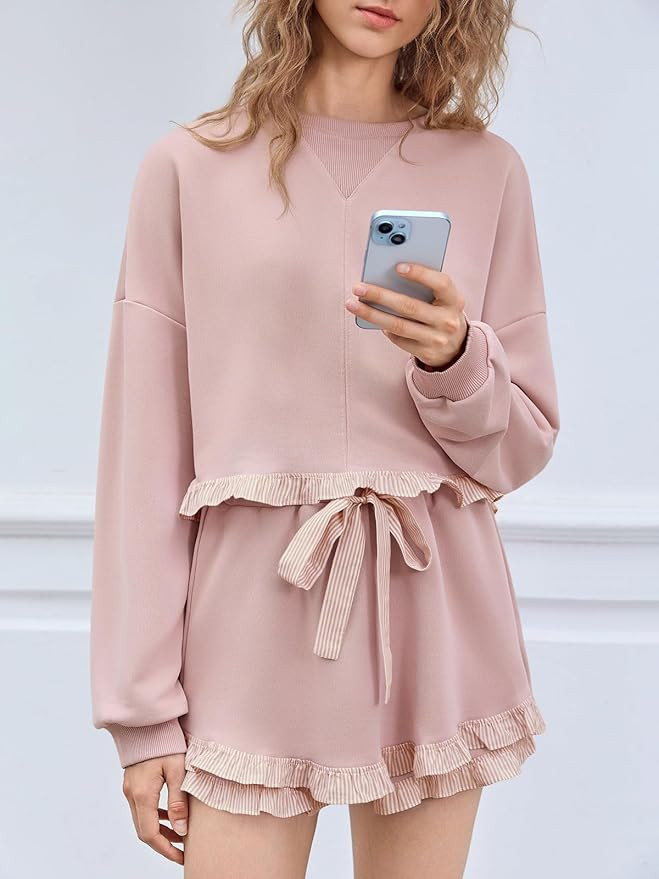 Fisoew Women's 2 Piece Lounge Sets Ruffle Color Block Cropped Sweatshirts Casual Drawstring Short... | Amazon (US)