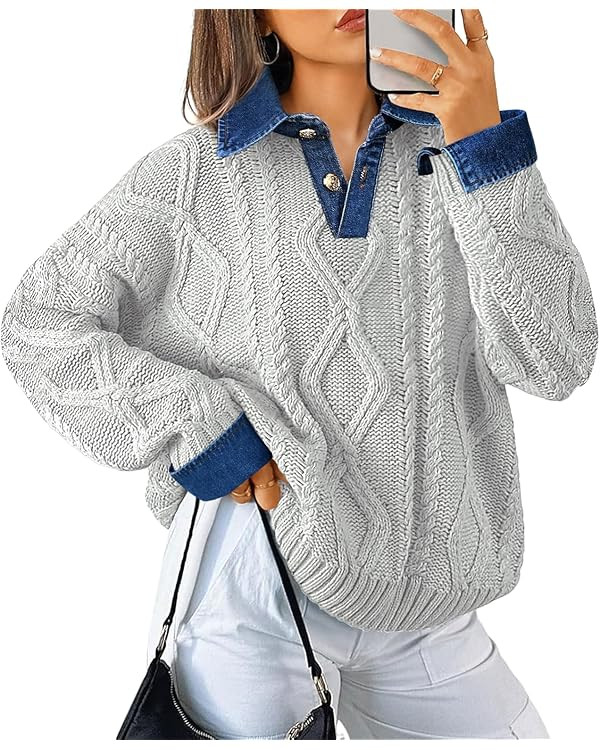 Soesdemo Womens Oversized Cable Knit Sweaters Chunky Long Sleeve Button Up Denim Polo Neck Knit P... | Amazon (US)