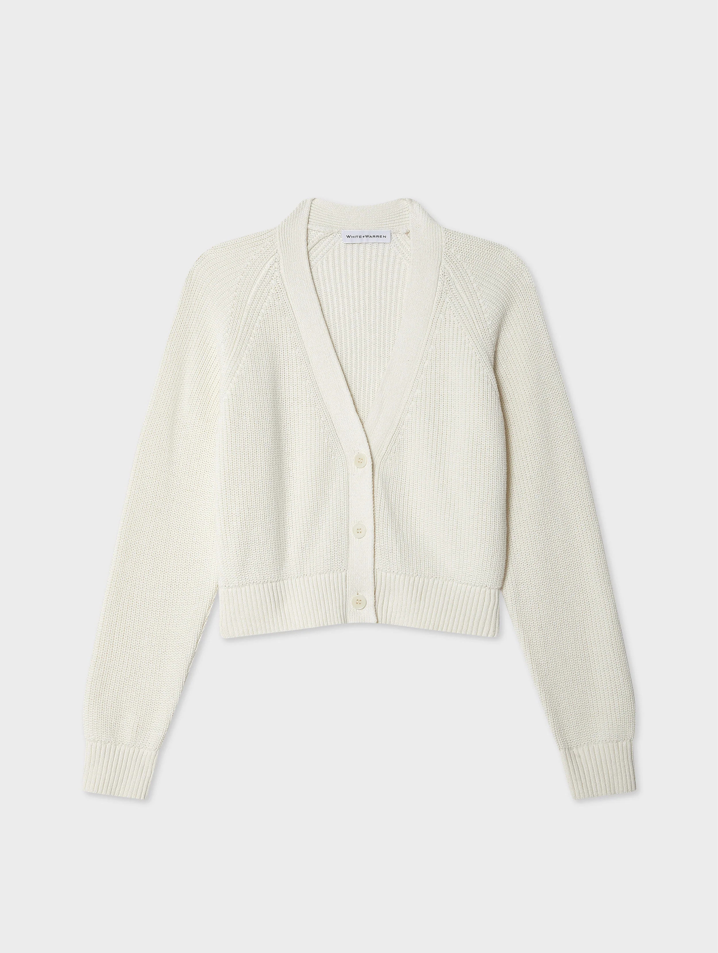 White & Warren Linen Blend Ribbed Cardigan Sweater in White size Large in Cotton/Linen/Polyester | White and Warren