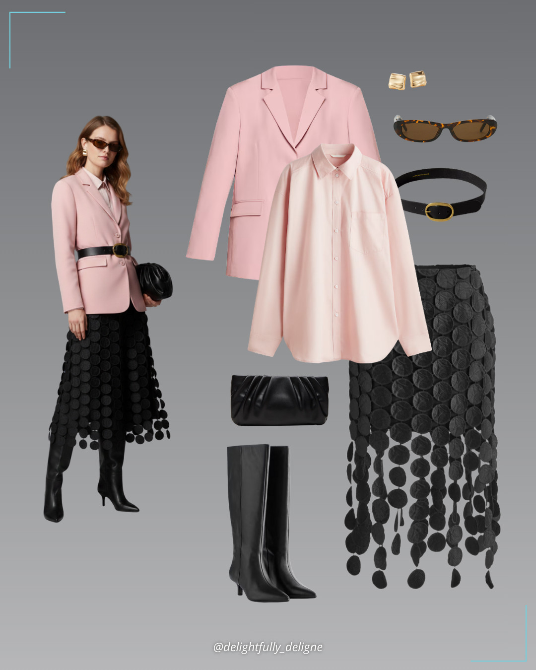 Soft Pink Statement 🩷🖤Laser-cut multi-circle double-layered skirt, light pink oversized cotton poplin shirt, pink oversized blazer, oval buckle belt, kitten-heel leather knee boots, pleated crossbody clutch handbag, cat-eye sunglasses & mini Sundra earrings. 

 #LTKgrwm #LTKootd #LTKOver40