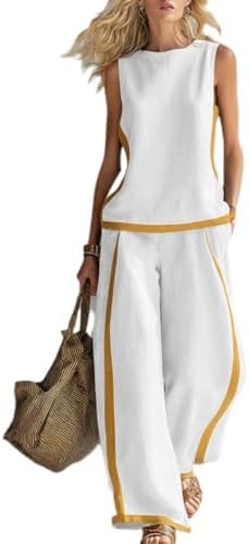Apvirdy Women's Vintage Color Block Two Piece Outfit Crew Neck Sleeveless Solid Top High Waist Ca... | Amazon (US)