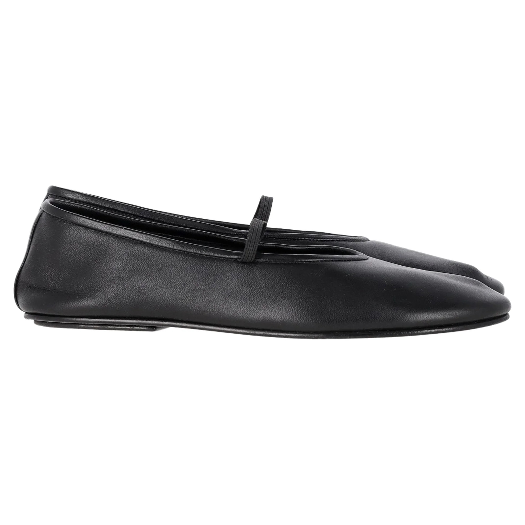 The Row Elastic Strap Ballet Flat Shoes in Black Nappa Leather | Shop Simon