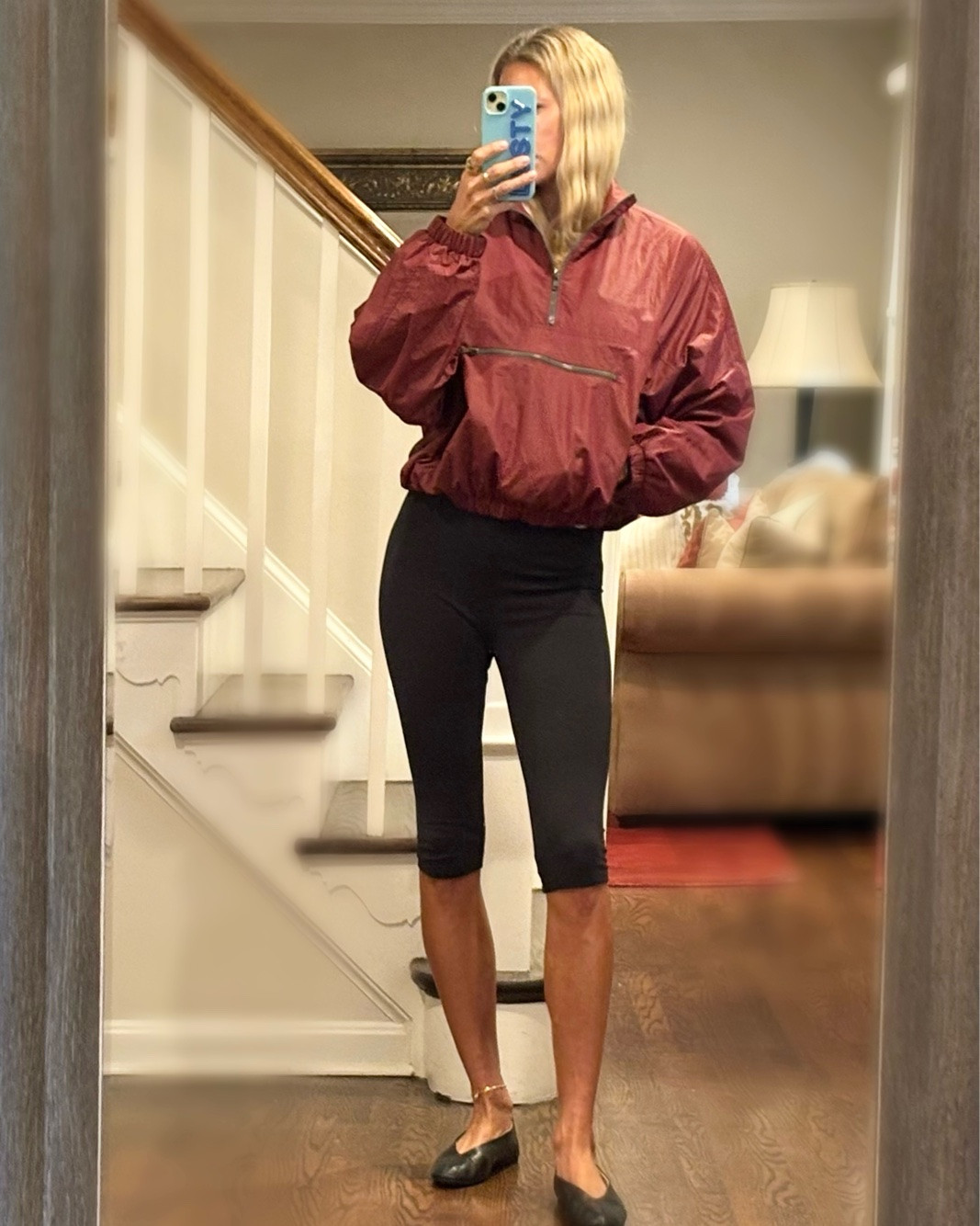 Cool and rainy day calls for a windbreaker and leggings.  Obsessed with this one!