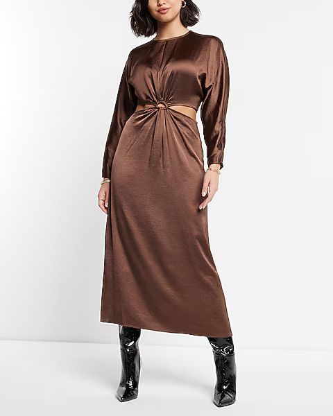 Satin Long Sleeve Cutout Midi Dress | Express