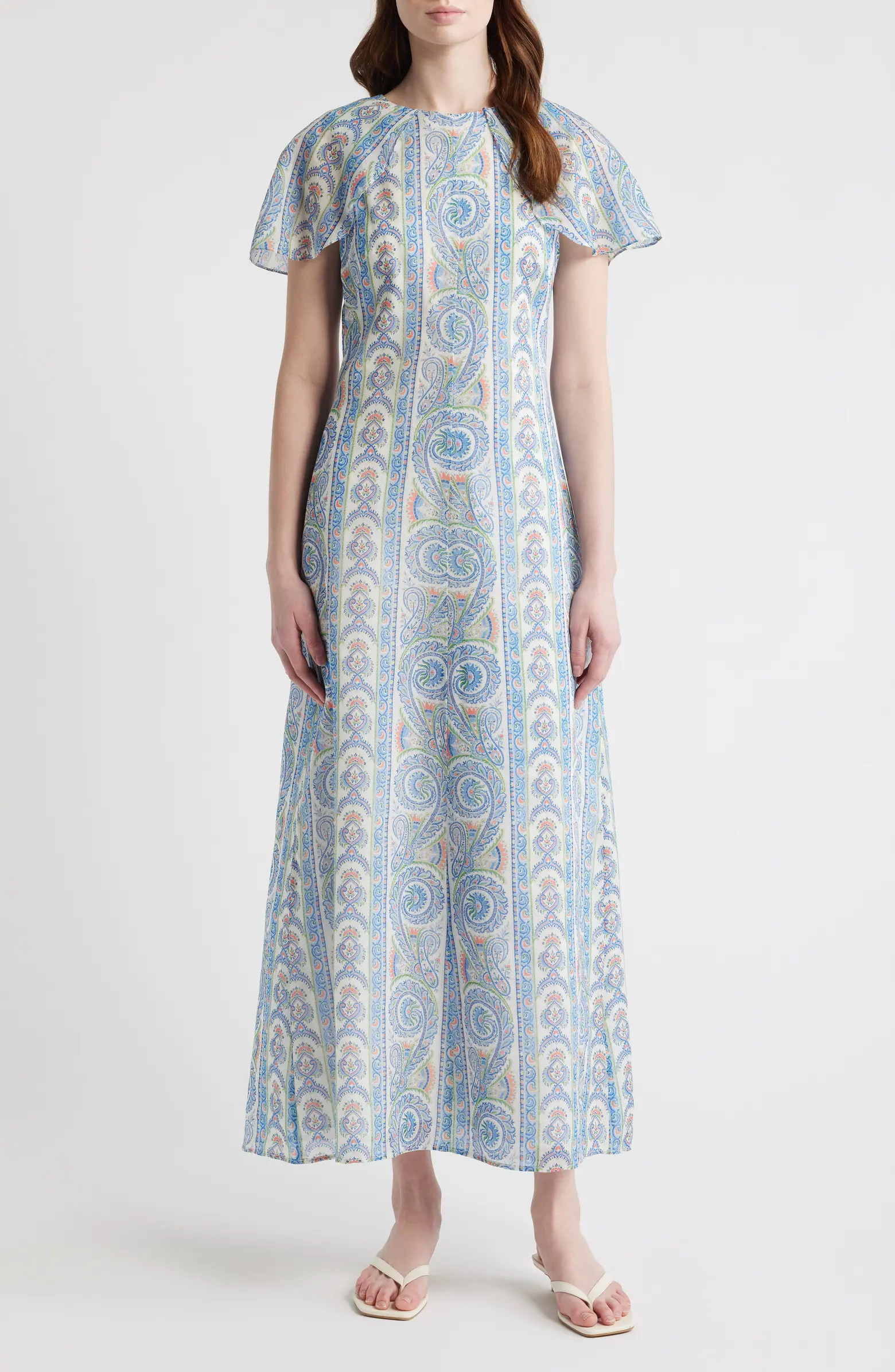 Davina Capelet Sleeve Cotton & Silk Maxi Dress | Nordstrom