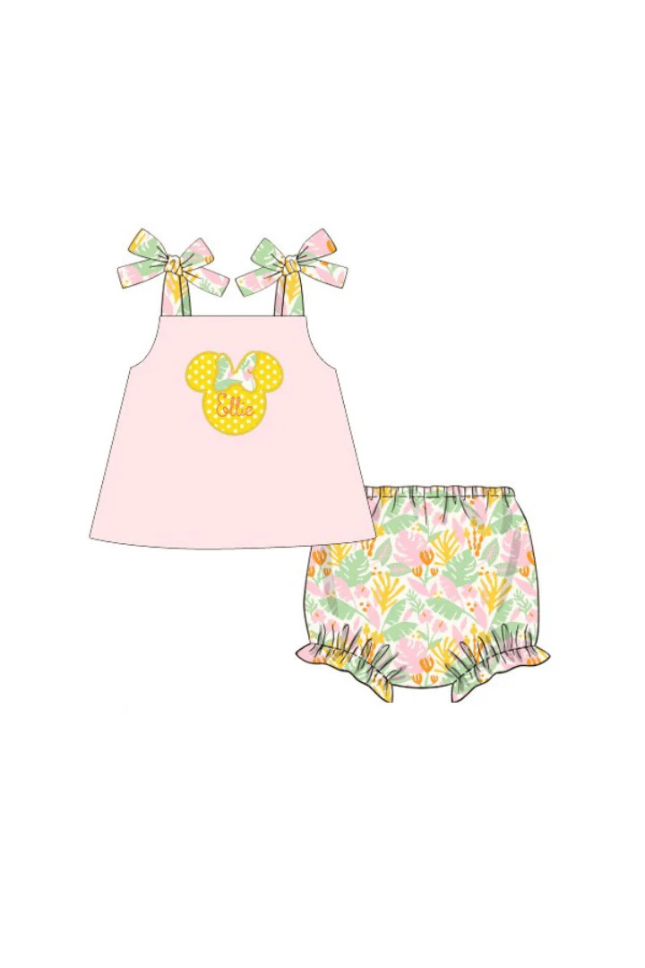 Pre-Order Applique Mouse Pink Tropical Bloomer Set | The Smocked Flamingo
