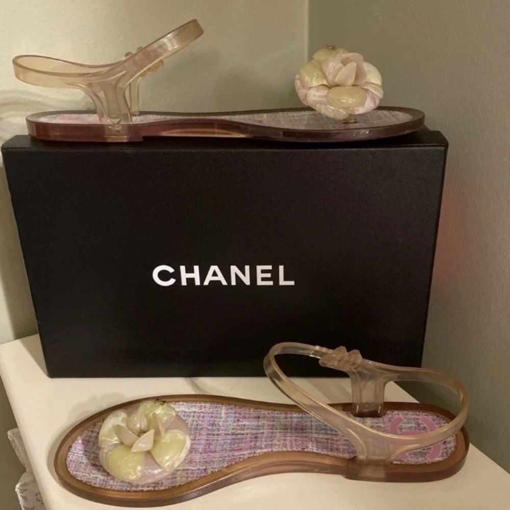 Auth CHANEL Wom 40 Pink Tweed CC Camelia Jelly Strap Flip Flops Flat Sandals | Poshmark