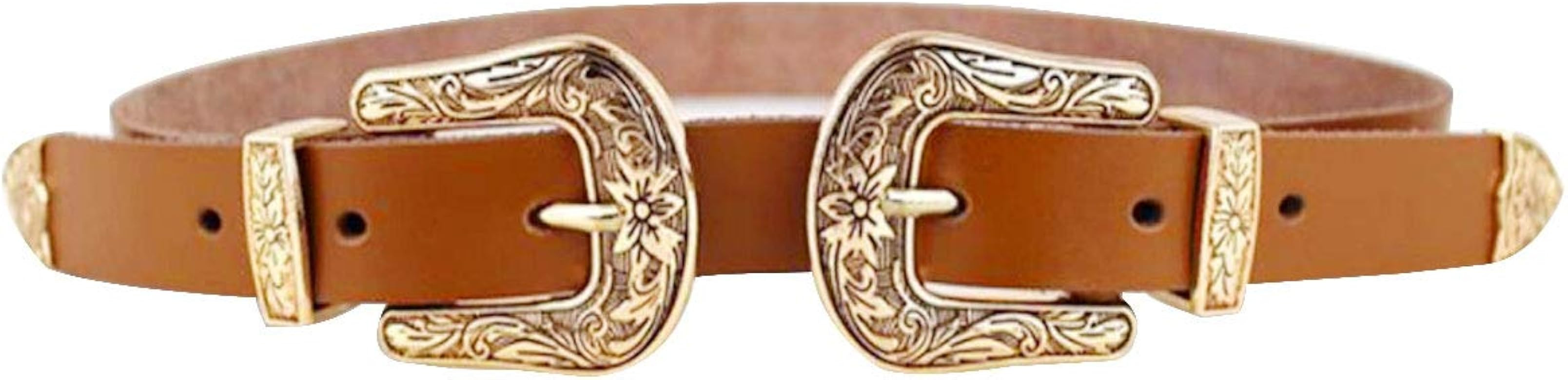 CLARA Women Vintage Western Waist Belt Double Buckle Belt PU Leather Waistband for Jeans Dress | Amazon (US)