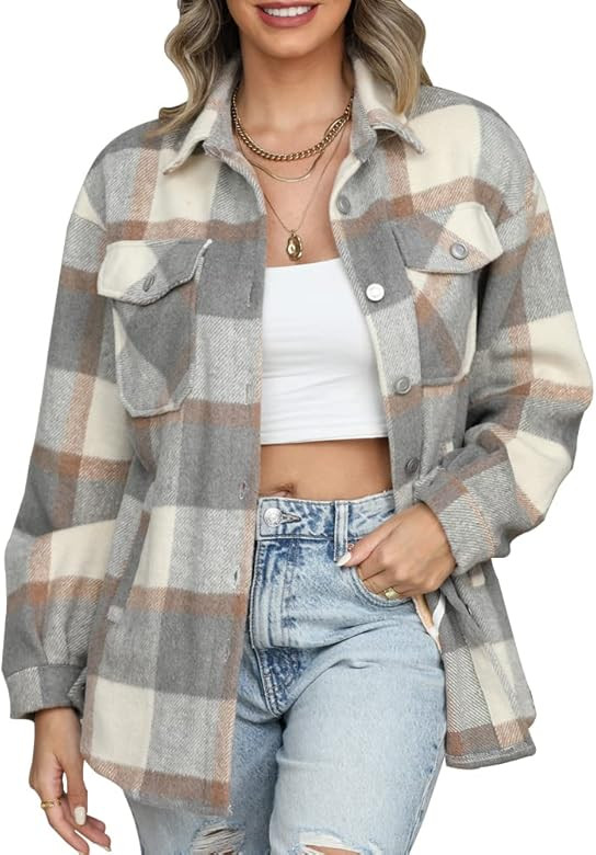 Womens Casual Flannel Wool Blend Plaid Lapel Button Down Long Sleeve Shacket Jacket Coat Winter L... | Amazon (US)