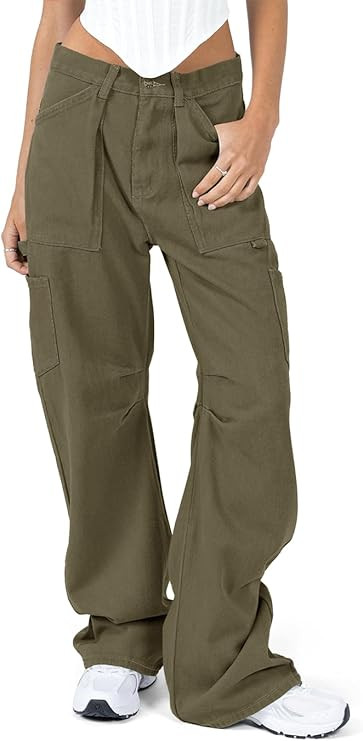 Darong Women's Cargo Pants Straight Wide Leg Casual Pants Trouser Y2K Pants with 6 Pockets | Amazon (US)