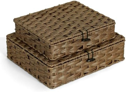 Plastic Wicker Storage Baskets with Lids, 2-Pack Woven Rattan Organizer Bins with Locking Button,... | Amazon (US)