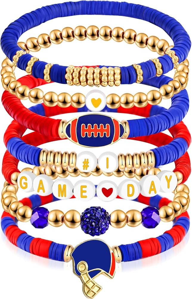 Game Day Bracelet Football Charm Beaded Stretch Bracelet Sports Jewelry for Football Mom Dad Coac... | Amazon (US)