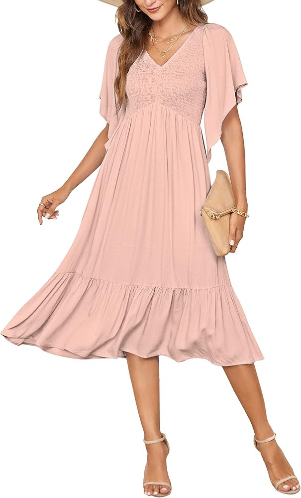 PYGFEMR Women's Summer Tiered Dress Smocked Flutter Short Sleeve V Neck Midi Dresses | Amazon (US)