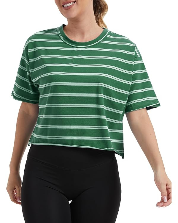 Women's Oversize Workout Crop Tops Casual Short Sleeve Drop Shoulder Boxy T-Shirts Roll Hem Basic... | Amazon (US)