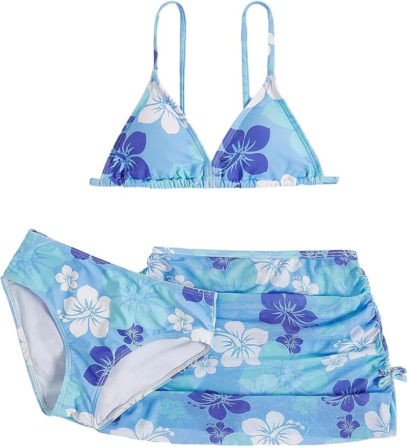 Girl's 3 Piece Floral Print Bikini Y2K High Cut Triangle Swimsuit Bathing Suit with Cover Up Beac... | Amazon (US)