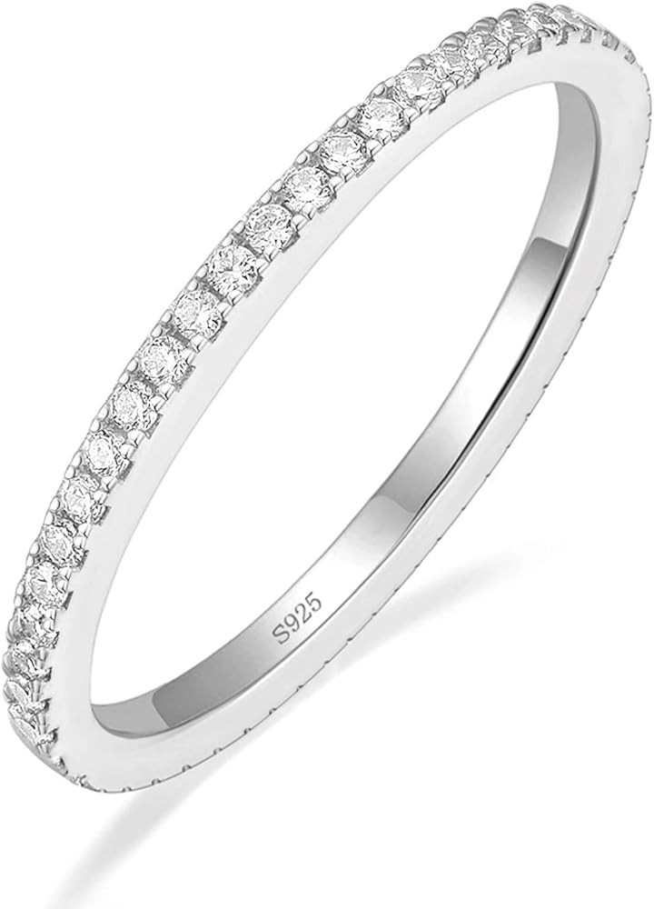 EAMTI 2mm 925 Sterling Silver Wedding Band Cubic Zirconia Full Eternity Stackable Engagement Ring... | Amazon (US)
