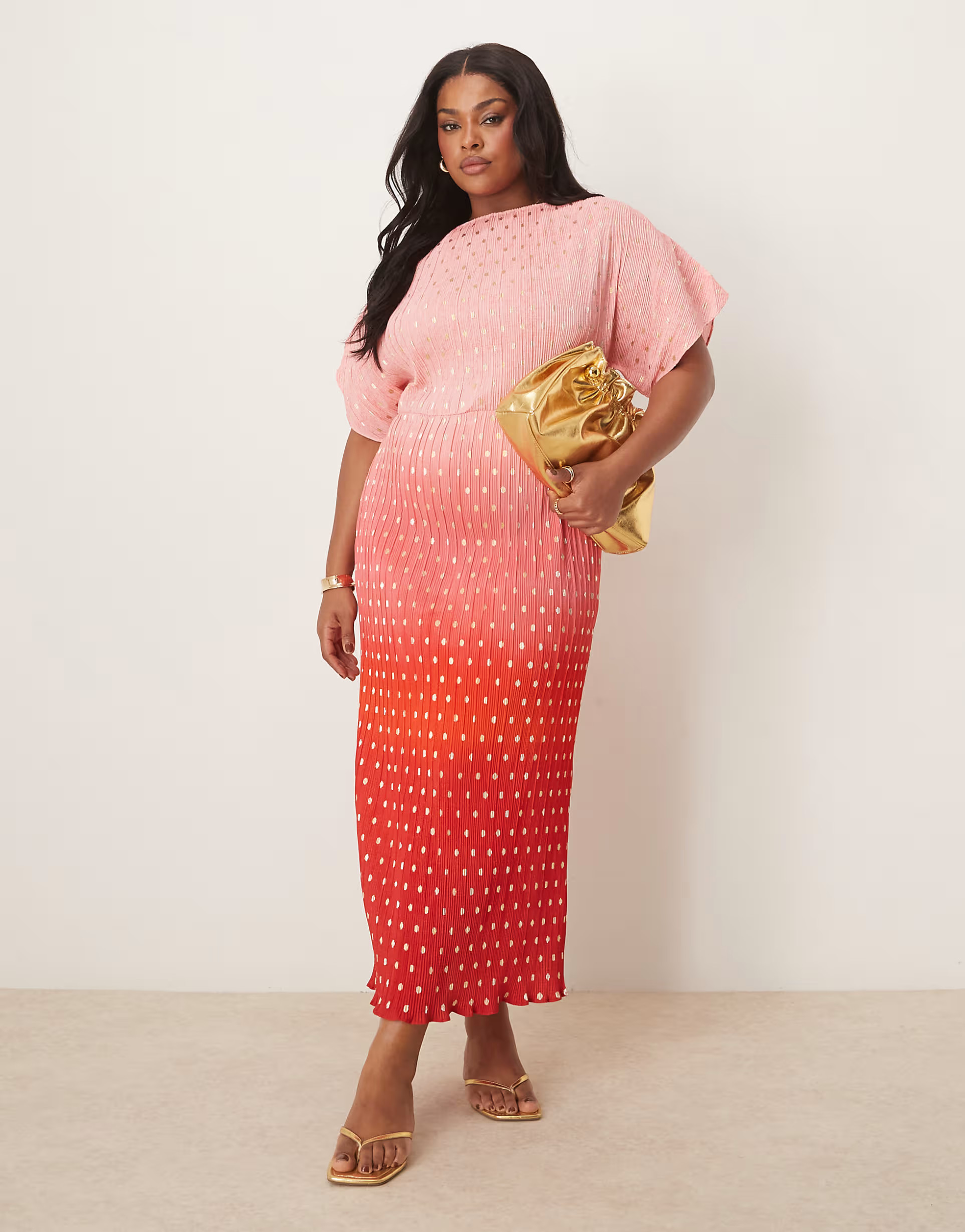 Never Fully Dressed Plus Tilly off shoulder plisse midaxi dress in sunset ombre | ASOS (Global)