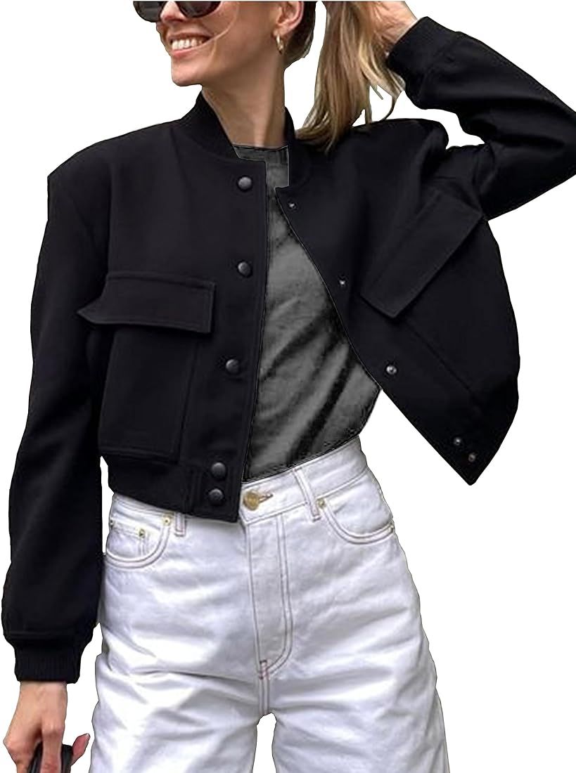 Women's Fashion Cropped Button Down Lightweight Cropped Bomber Jacket Varsity Shacket with Side P... | Amazon (US)