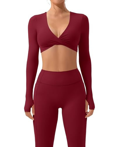 SUUKSESS Women 2 Piece Workout Sets Long Sleeve Twist Deep V Crop Padded Tops Yoga Leggings with Side Pockets (Wine Red, L) | Amazon (US)