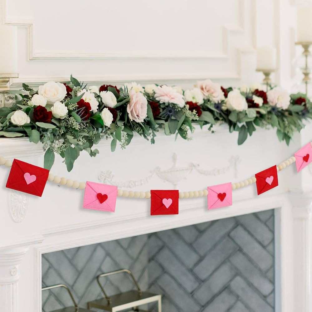 DAZONGE Retro Valentines Day Decor, Felt Envelope Wood Bead Valentines Garland Banner, Valentine... | Amazon (US)