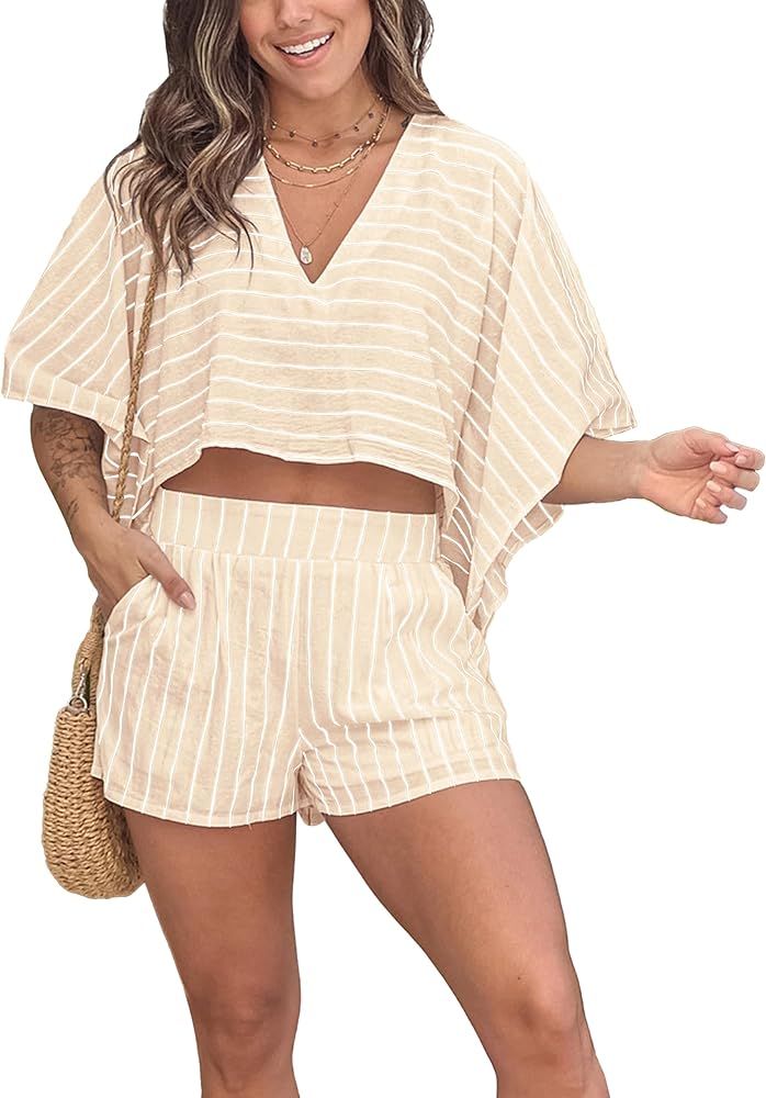 Womens 2 Piece Outfit Striped Short Sleeve Blouse Top and Loose Mini Shorts Outfit Set | Amazon (US)