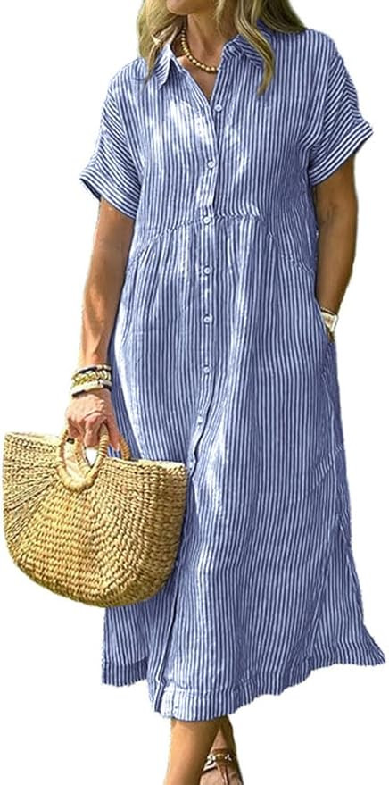 chouyatou Women's Summer Striped Midi Long Shirt Dress Casual Loose Short Sleeve Button Down Dres... | Amazon (US)