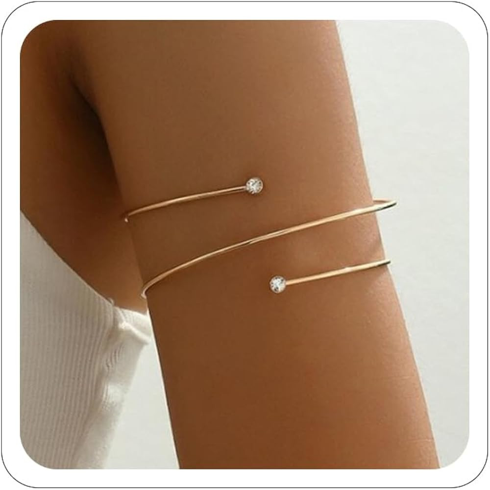 Women's 18k Gold Plated Arm Cuff Bracelet - Minimalist Silver Upper Arm Cuff for Cool | Amazon (US)