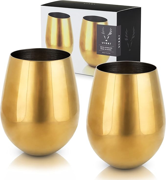 Viski Gold Wine Glasses, Stemless Wine Glass Set, Stainless Steel with Gold Finish, 18 Ounces, Se... | Amazon (US)