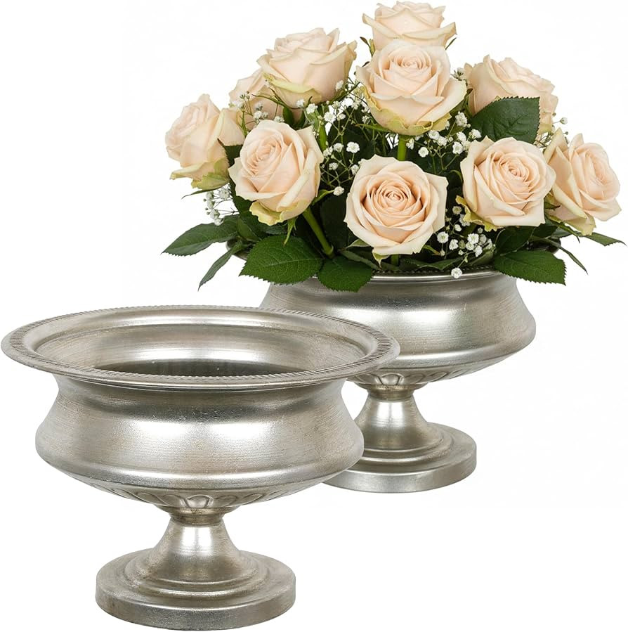 WORTH Silver Color Urn Vase for Centerpieces Set of 2, 8" H. x 11.8" Dia. Metal Trumpet Small Flo... | Amazon (US)
