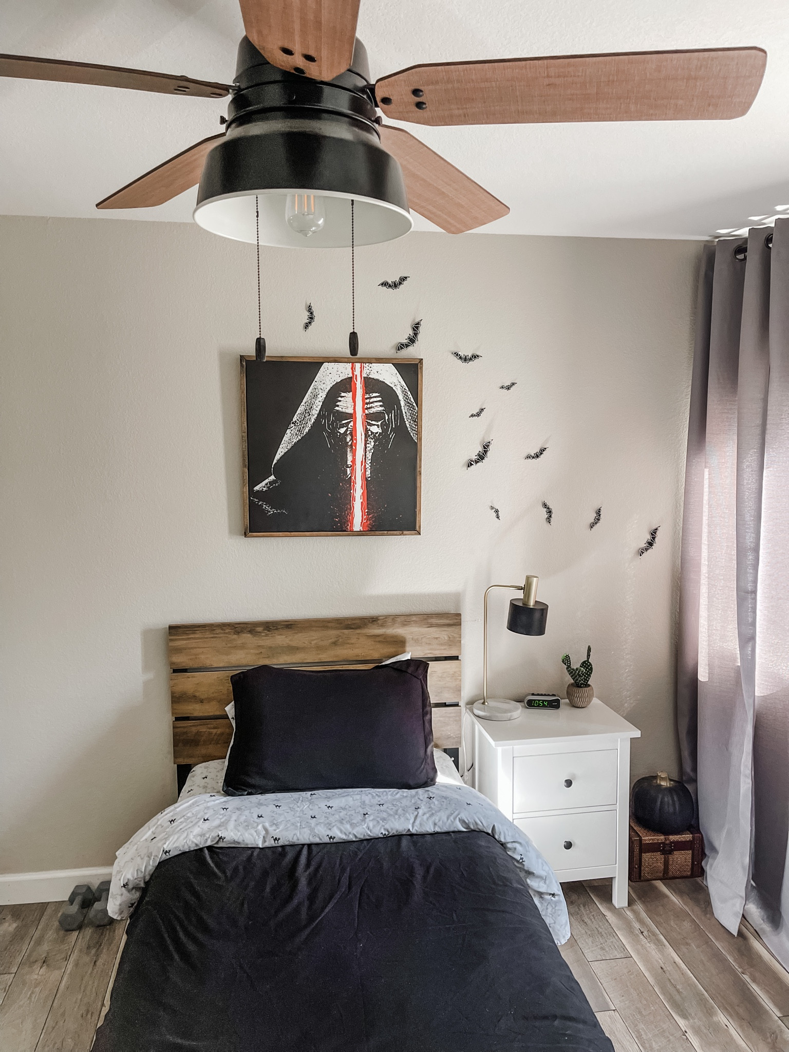 Son’s Star Wars bedroom
#starwars #bedroom
Black and neutral boy’s room! 

The ceiling fan light is Hunter, and although I couldn’t link the exact one, I found another that looks just like it! 
The fan matched perfectly with the platform bed! 

His nightstand is Ikea and the lamp was a special find at Ross, but I linked one similar! 

I absolutely love Duvets in comparison to full on comforter sets. They are easier to store and wash. 



#LTKkids #LTKhome