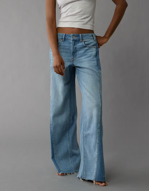 AE Dreamy Drape Stretch Patchwork Low-Rise Baggy Wide-Leg Jean | American Eagle Outfitters (US & CA)