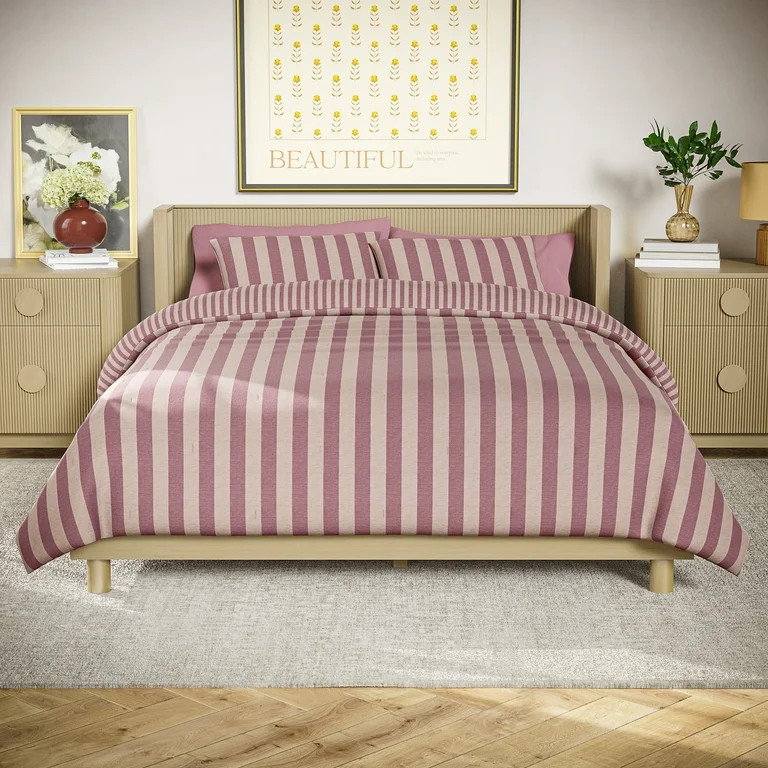 Beautiful 100% Cotton Striped 3-Piece Rosé Pink Comforter Set, Full/Queen by Drew Barrymore | Walmart (US)