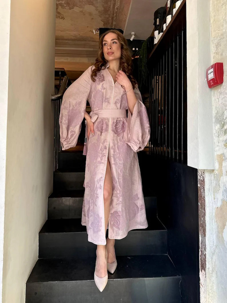 Pink Linen Embroidered Dress – Artistic Satin Stitch Vyshyvanka with Floral Design | Etsy (US)