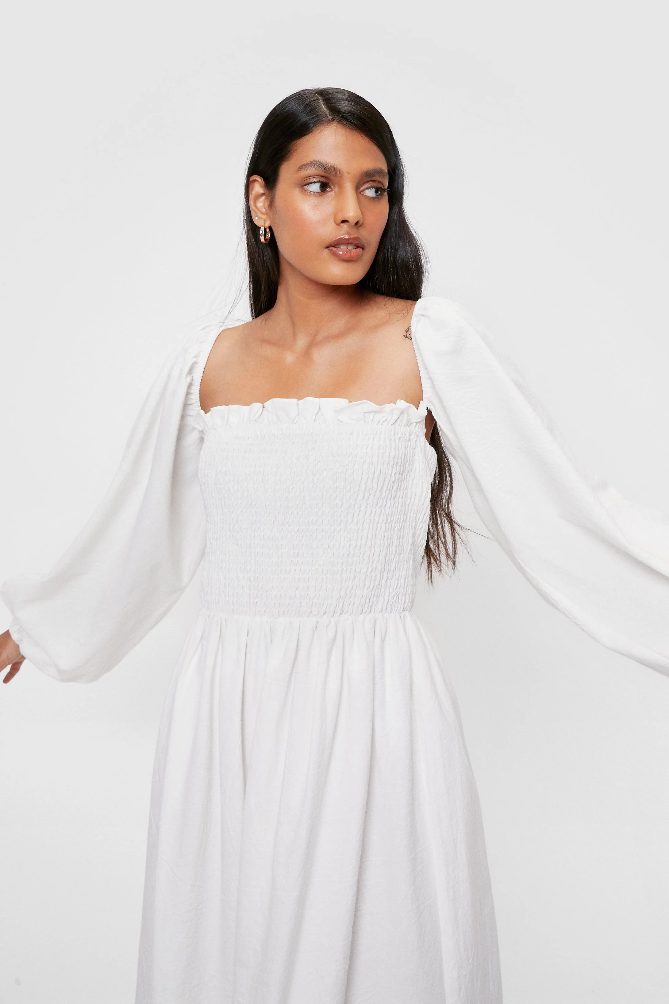 Puff Sleeve Linen Look Midi Smock Dress | Nasty Gal (US)