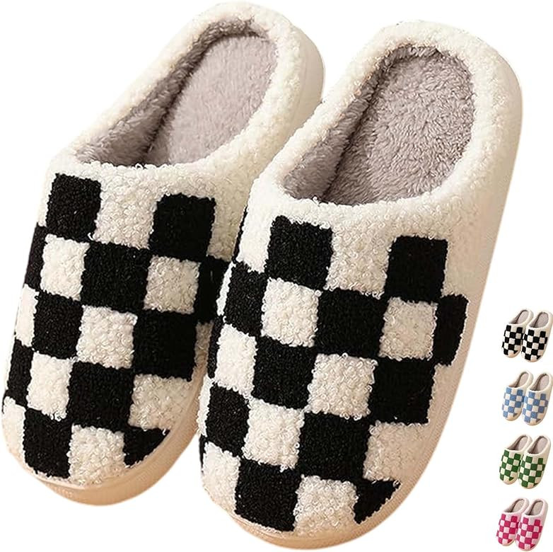 Checkered Slippers - Men & Women's Funny, Fluffy House & Outdoor Shoes - Memory Foam, Warm, Plush... | Amazon (US)