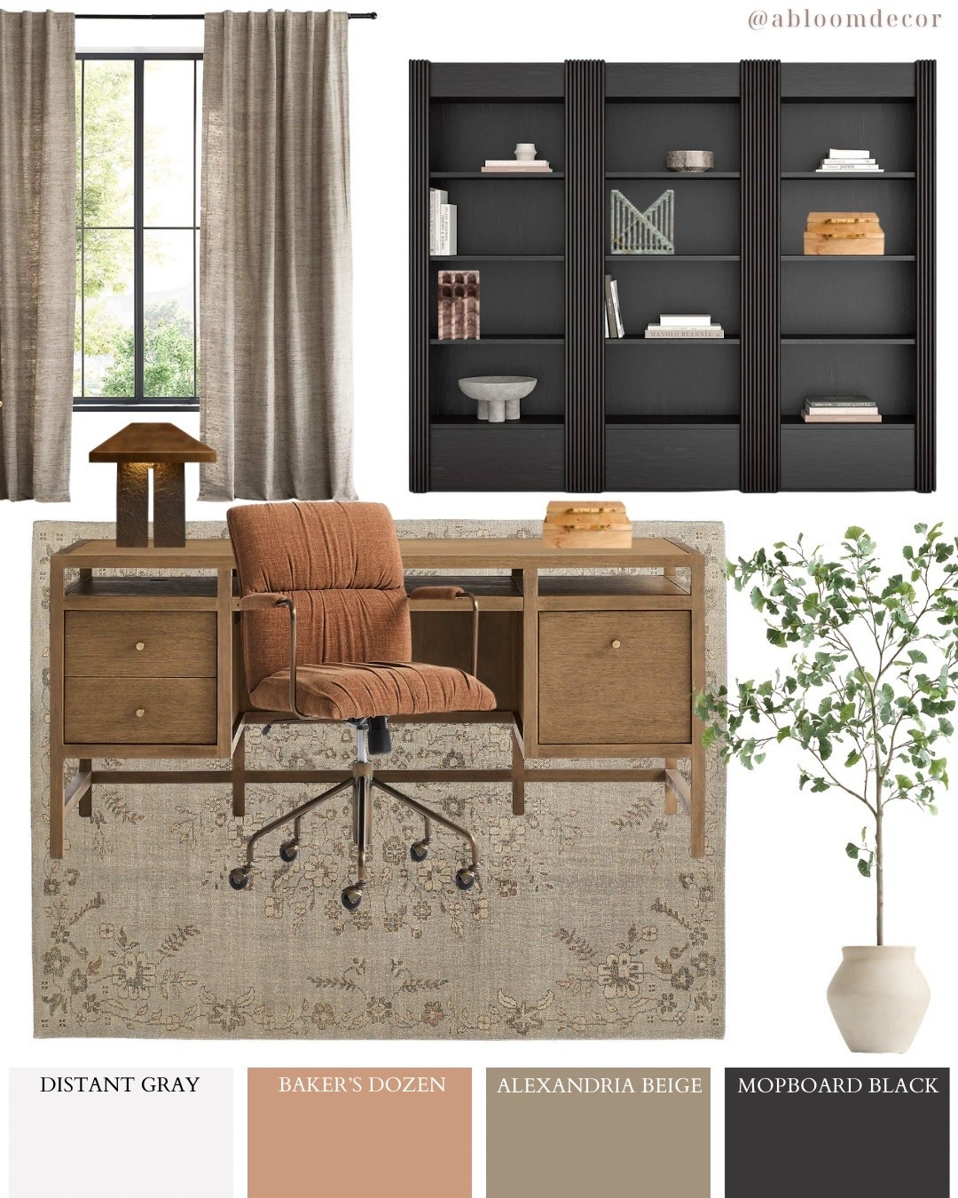 💼 Moody modern home office design 🖤

This home office idea features a bold black bookcase, a wooden desk with a rust-colored desk chair, a neutral area rug, a potted plant, a dramatic desk lamp, soft curtains, and a few decorative pieces.

#LTKHome