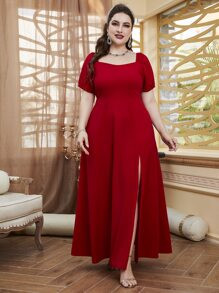 SHEIN Modely Plus Sweetheart Neck Puff Sleeve Split Thigh Maxi Dress | SHEIN