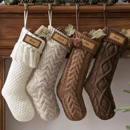 Farmhouse Knitted Personalised Christmas Stockings: 4 Pack 18 Inch Rustic Neutral Cable Knit Fire... | Amazon (US)