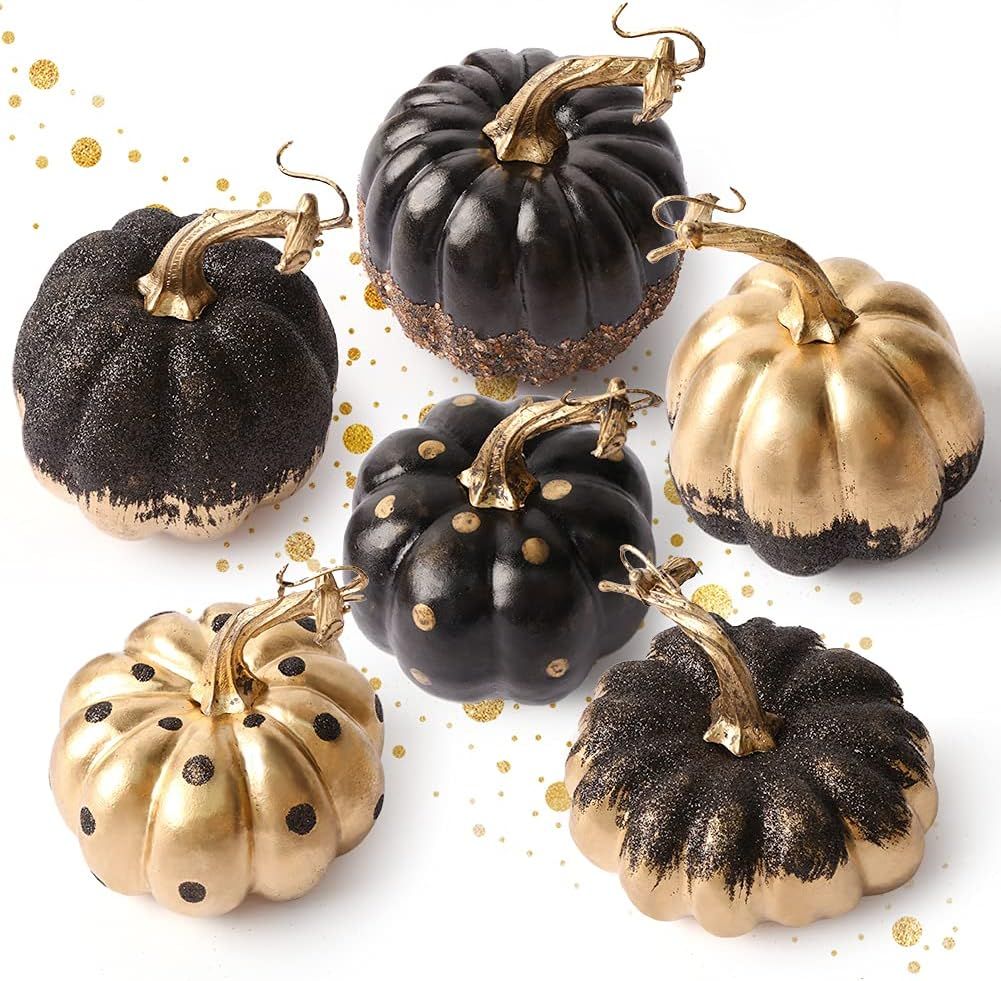 DomeStar 6PCS Pumpkins for Decoration, Black and Gold Pumpkins Fake Pumpkins for Crafts Fall Deco... | Amazon (US)