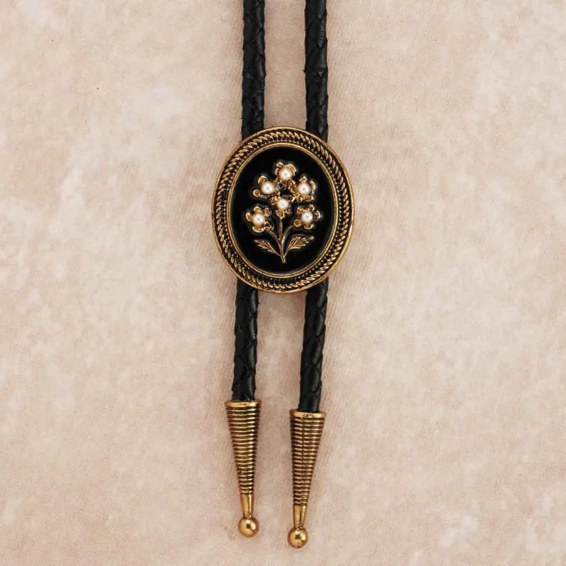 Vintage Gold Floral Oval Pearl Bolo Tie: Wedding Necklace for Men Women, Leather Cord - Etsy | Etsy (US)