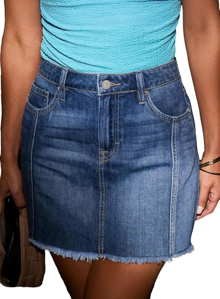 SIDEFEEL Women's High Waisted Denim Mini Skirt Raw Hem A-Line Jean Skirt | Amazon (US)