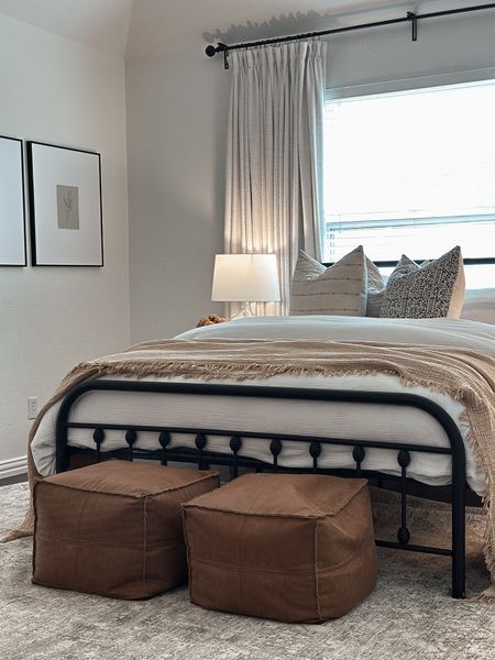 Linking up guest room details here, including the new Amber Lewis x Loloi rug! I have the 8x10 styled in this room 🤎

Black iron bed, leather poufs, pinch pleat curtains, floral art, throw pillows 

#LTKhome #LTKfindsunder100