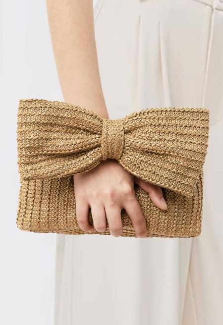 Bowknot Braided Straw Clutch in Khaki | Chicwish