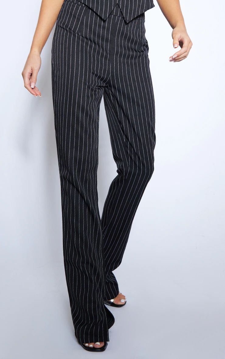 Black Pinstripe Tailored High Waist Split Hem Pants | PrettyLittleThing US