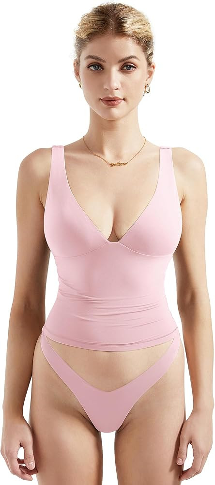 SUUKSESS Women Sexy V Neck V Back Tank Top Summer Sleeveless Going Out Double Lined Basic Tops | Amazon (US)