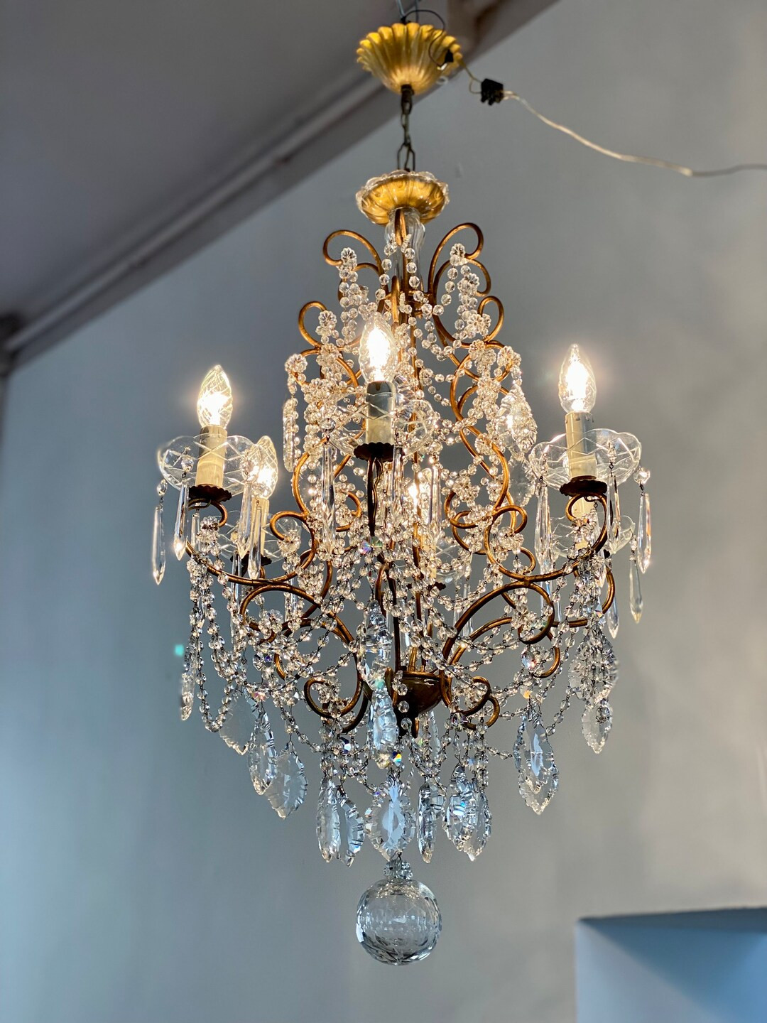 Antique Italian Tole Chandelier With Crystal Drops Gilded - Etsy | Etsy (US)