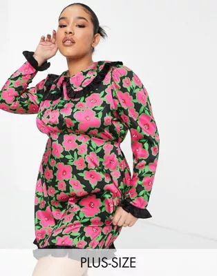 Twisted Wunder Plus mini dress with bib collar in pink and black floral | ASOS (Global)